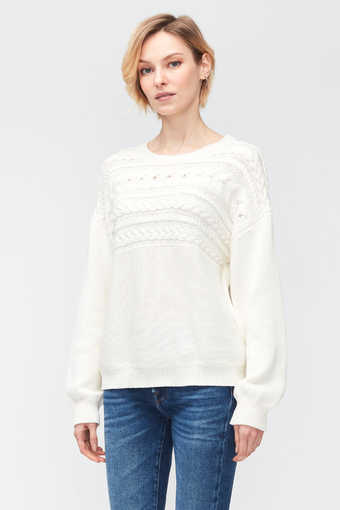 SWEATER CABLE KNIT COT WOOL WINTER WHITE