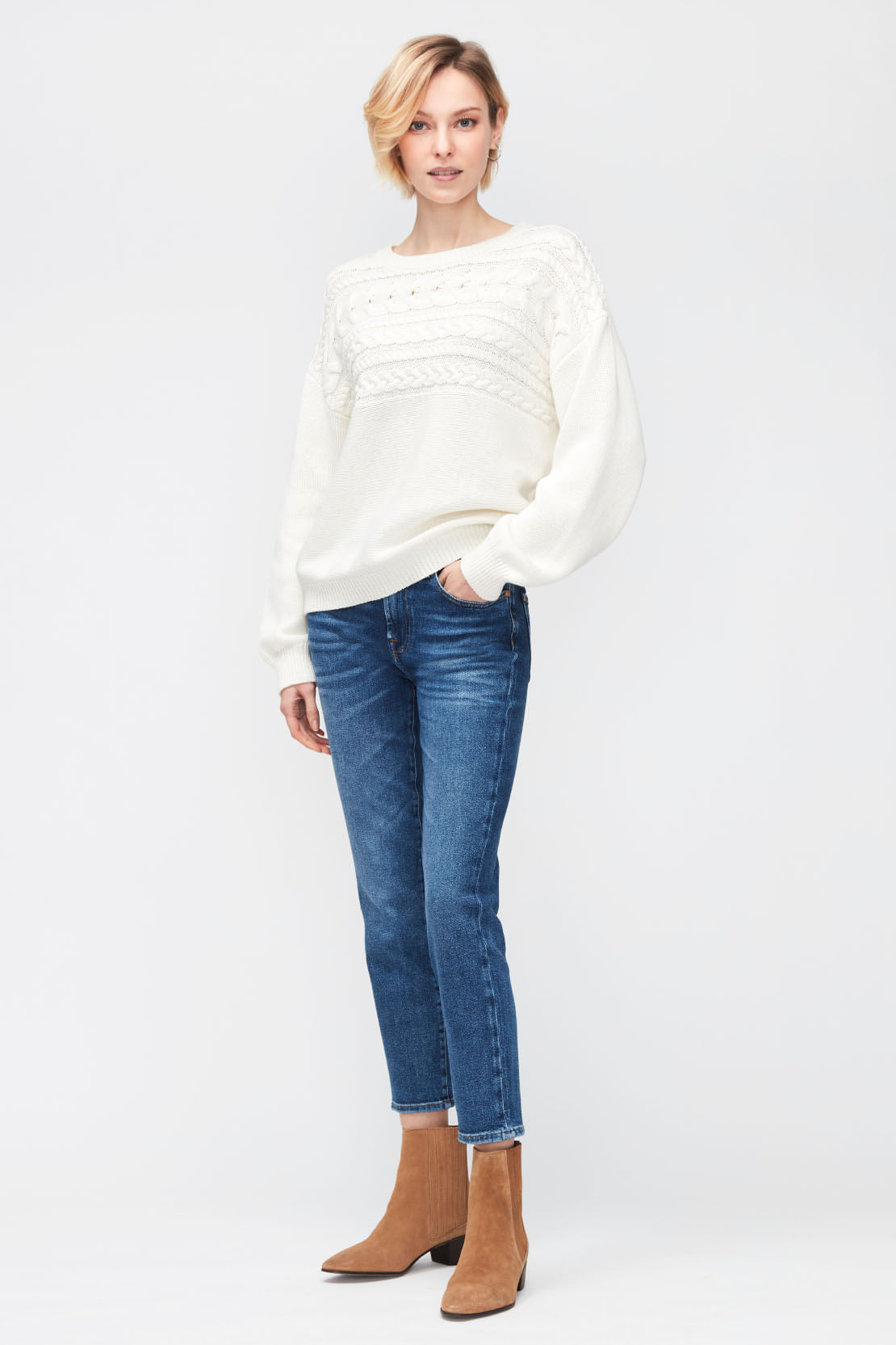 SWEATER CABLE KNIT COT WOOL WINTER WHITE