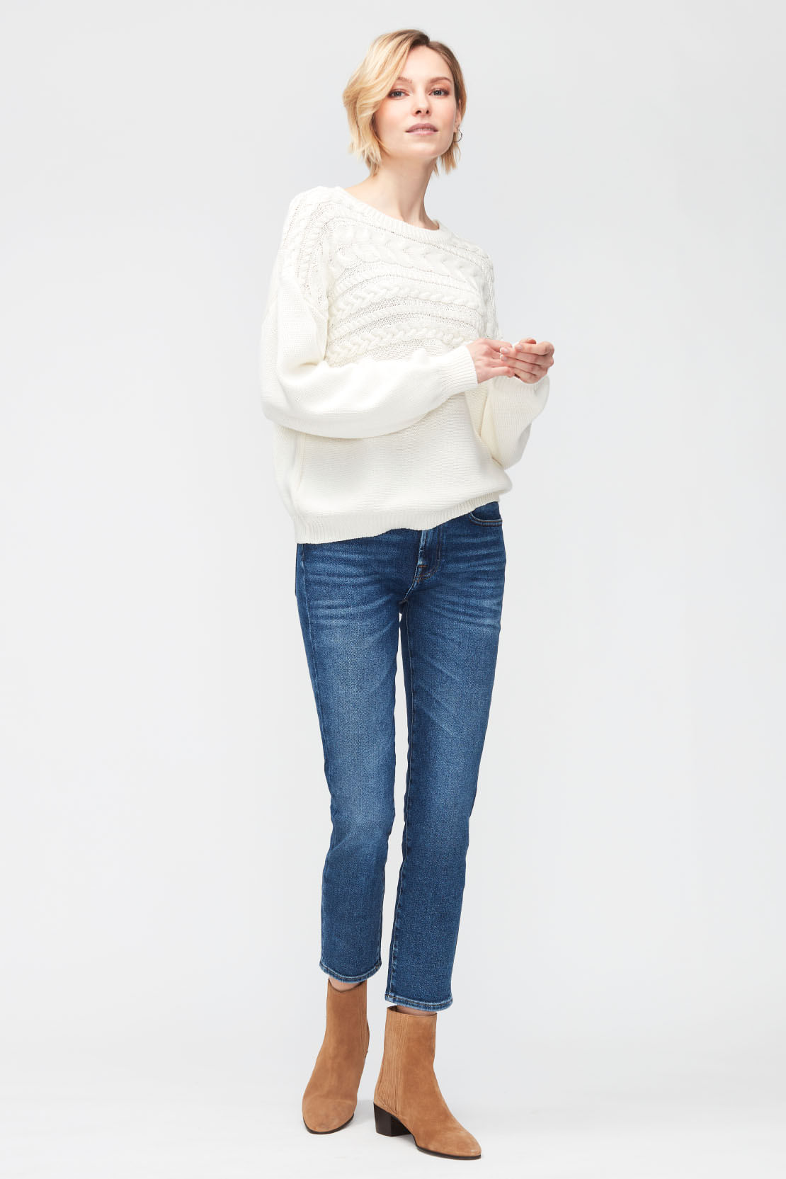 SWEATER CABLE KNIT COT WOOL WINTER WHITE