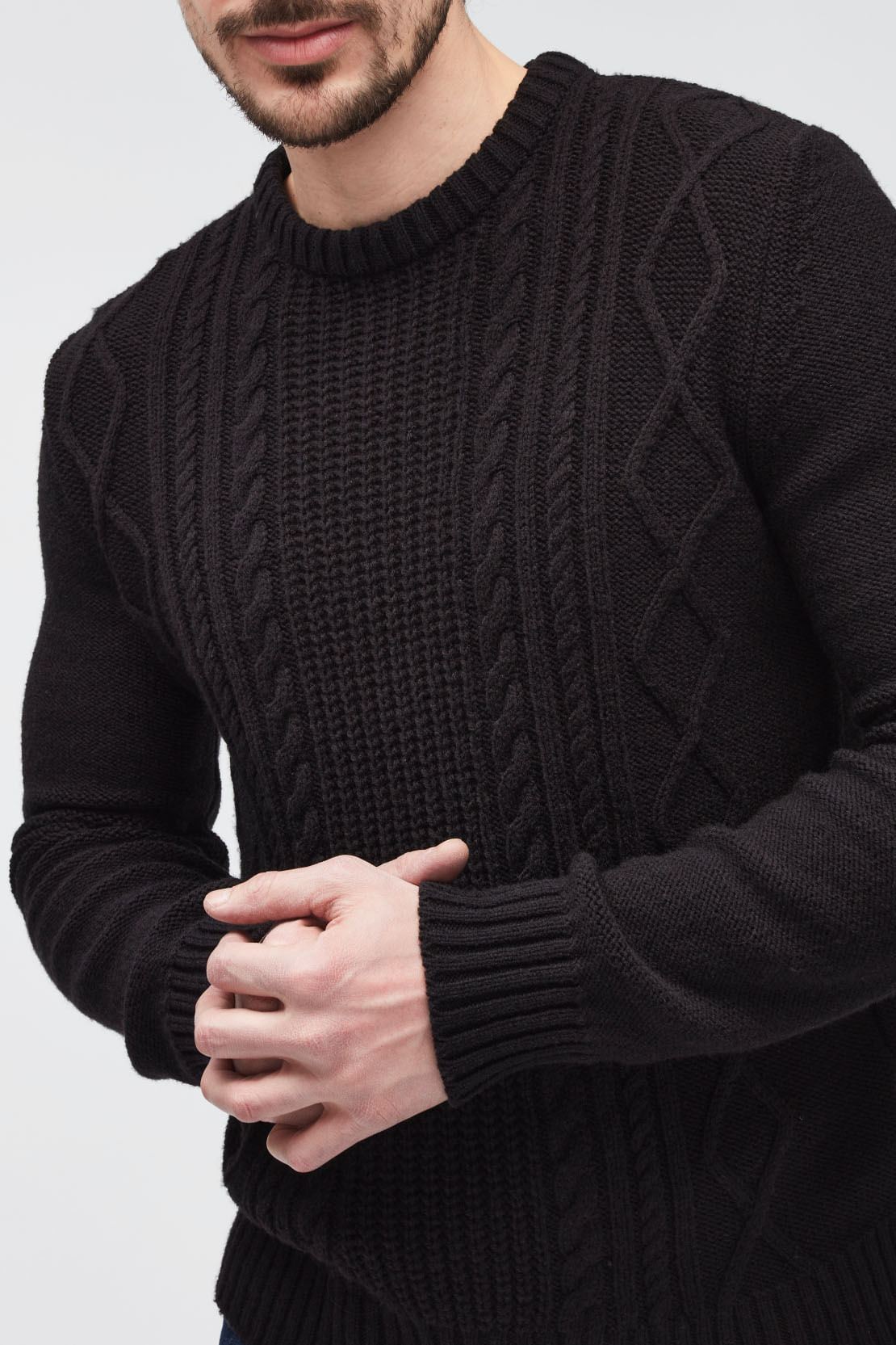 SWEATER CABLE KNIT MIXED FABRICS  BLACK