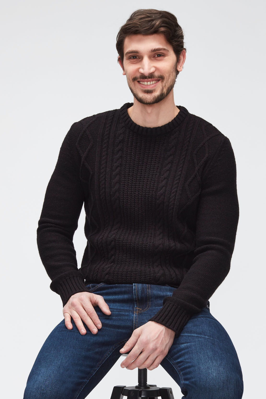 SWEATER CABLE KNIT MIXED FABRICS  BLACK