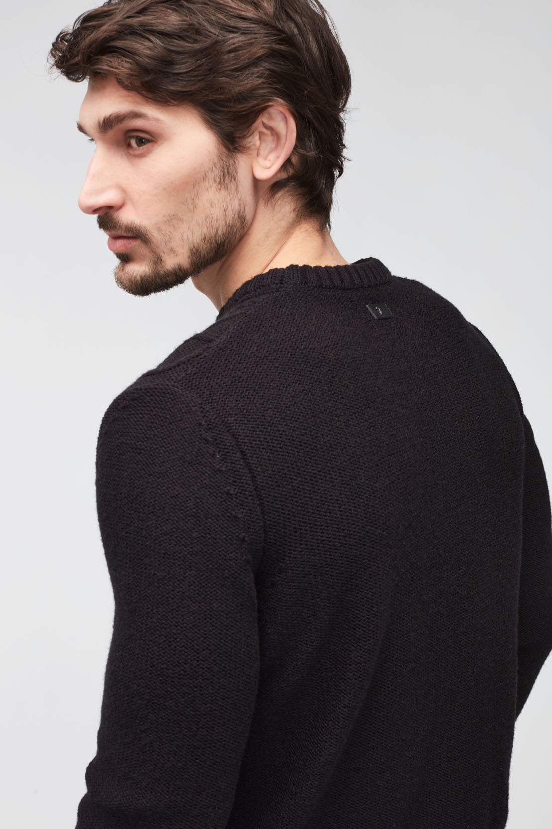 SWEATER CABLE KNIT MIXED FABRICS  BLACK