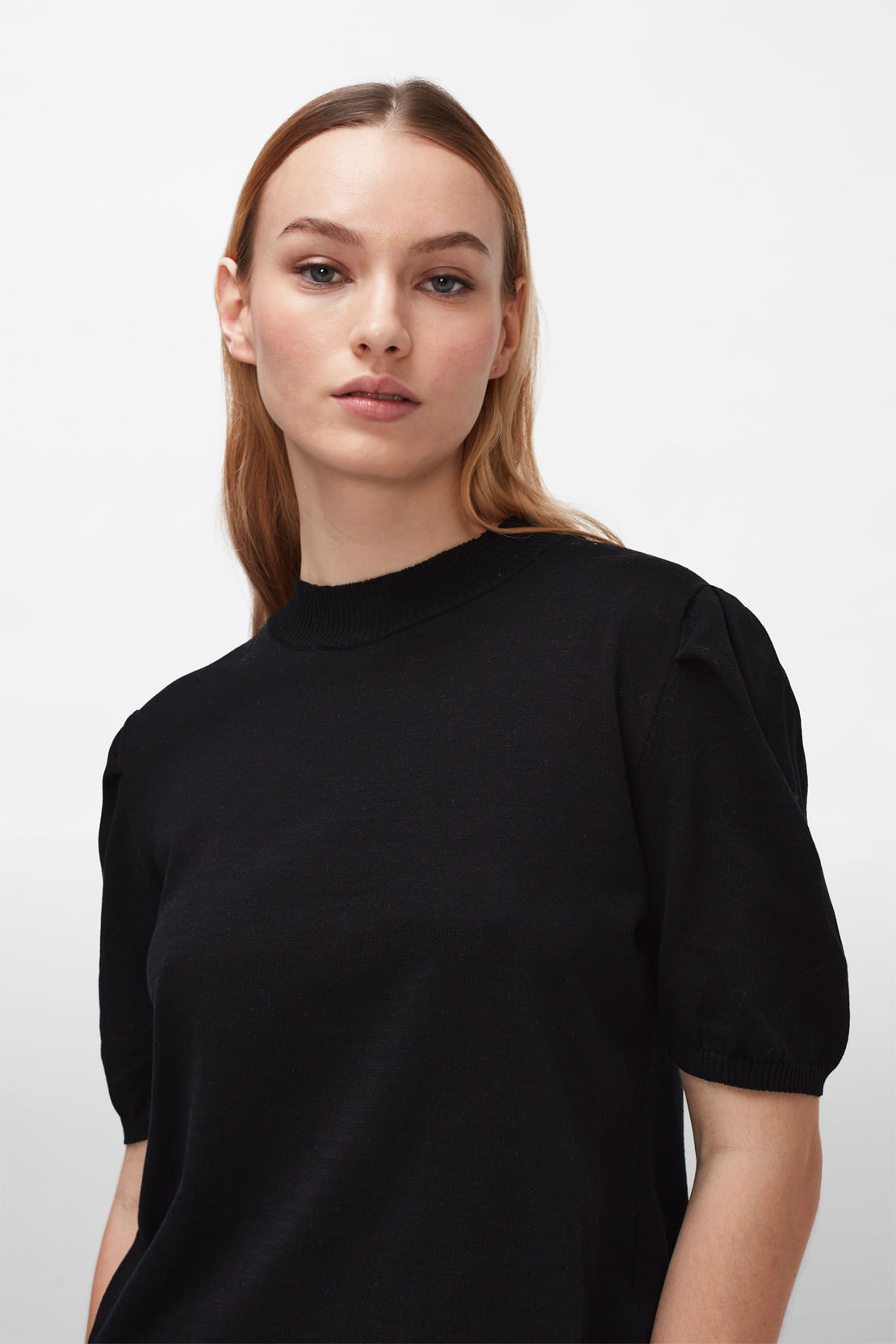 MOCK NECK PUFF SLEEVES Cotton Black
