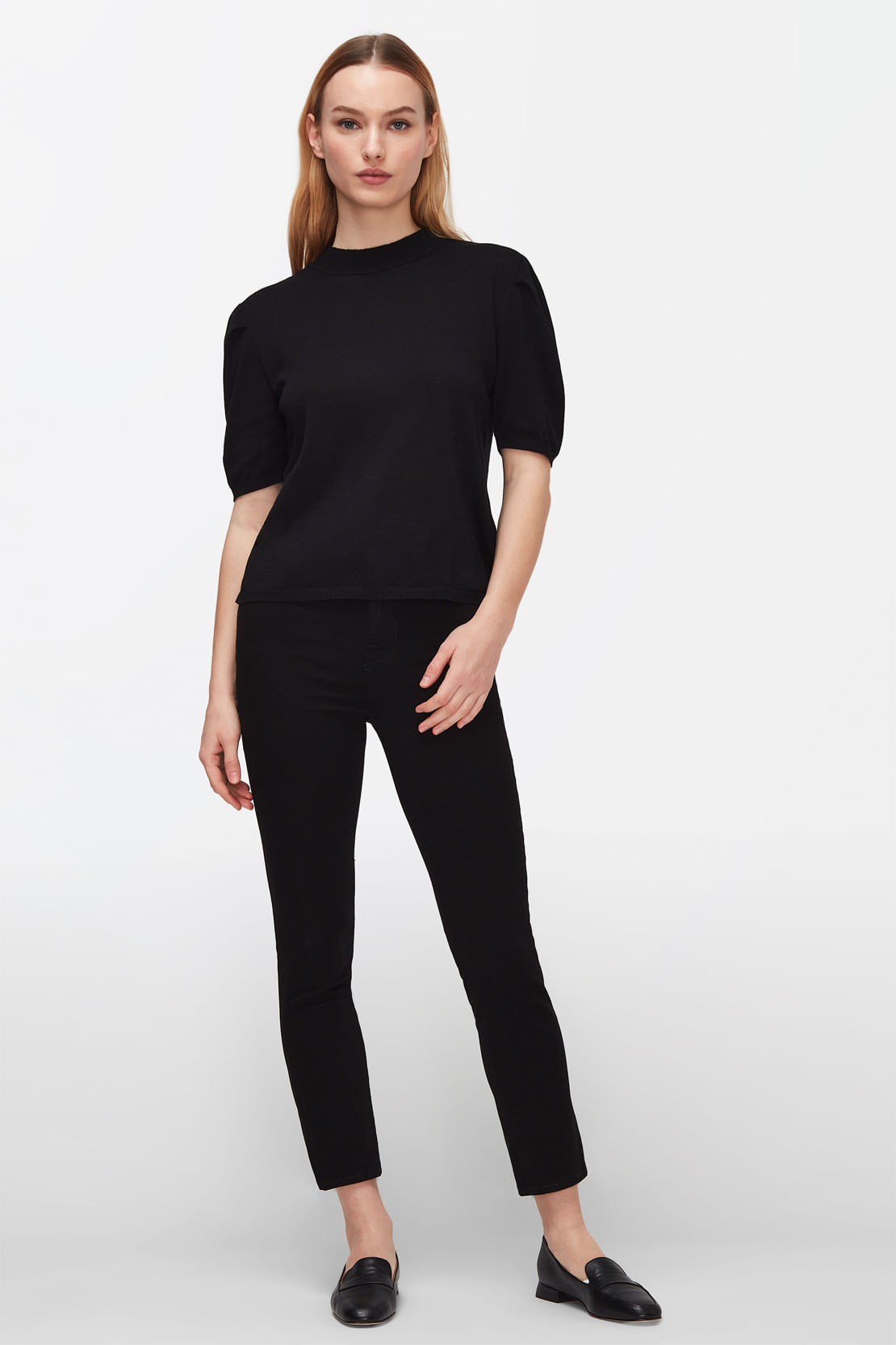 MOCK NECK PUFF SLEEVES Cotton Black