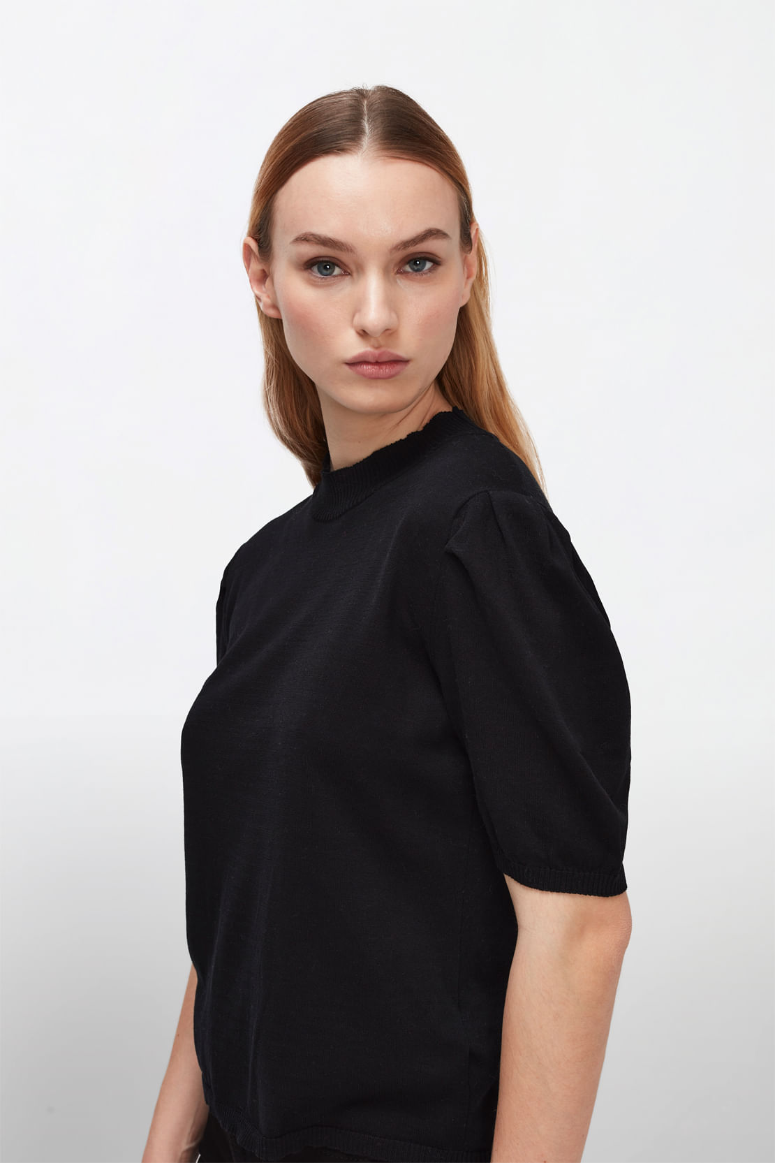 MOCK NECK PUFF SLEEVES Cotton Black