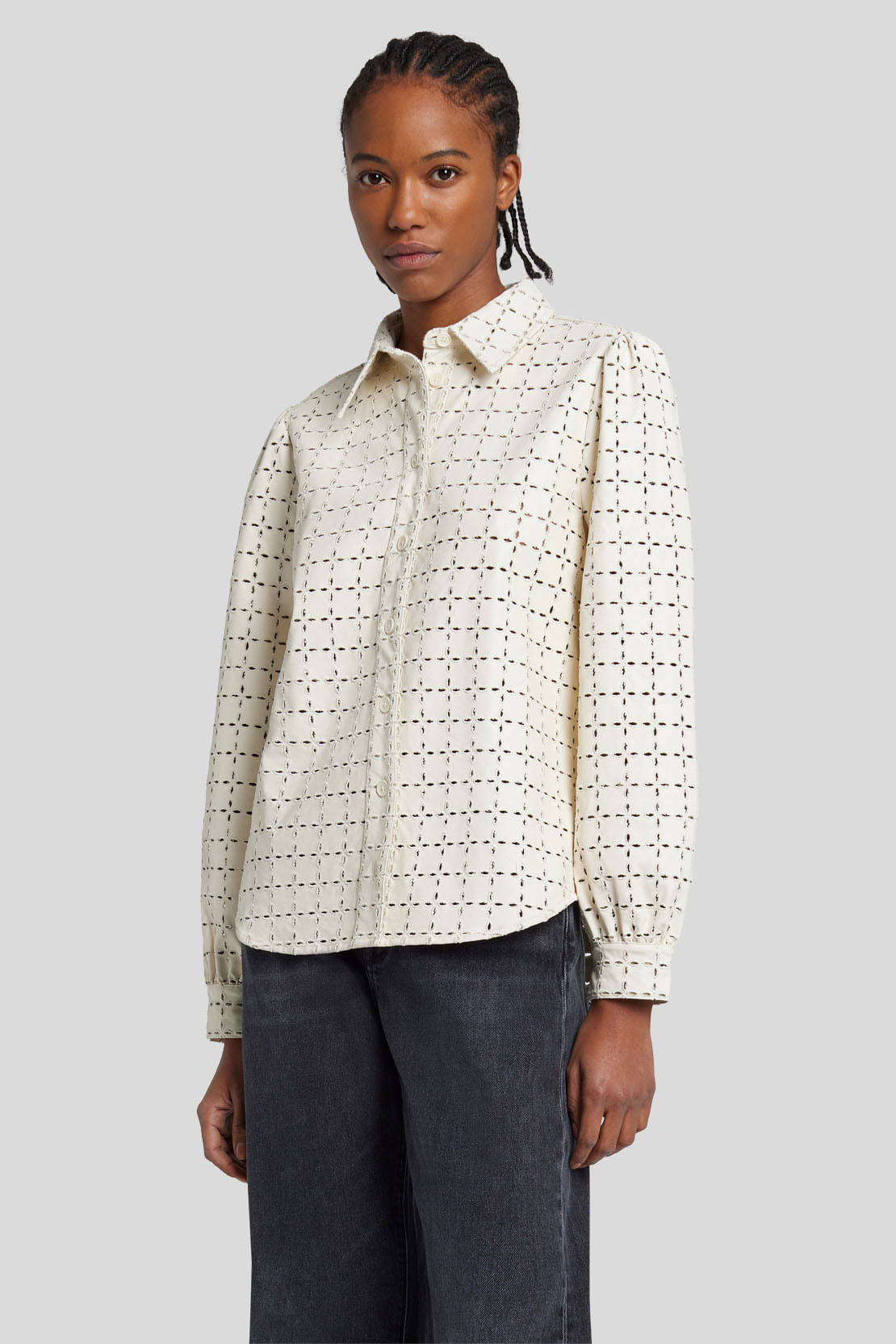 EYELET CLASSIC SHIRT FAUX CREAM