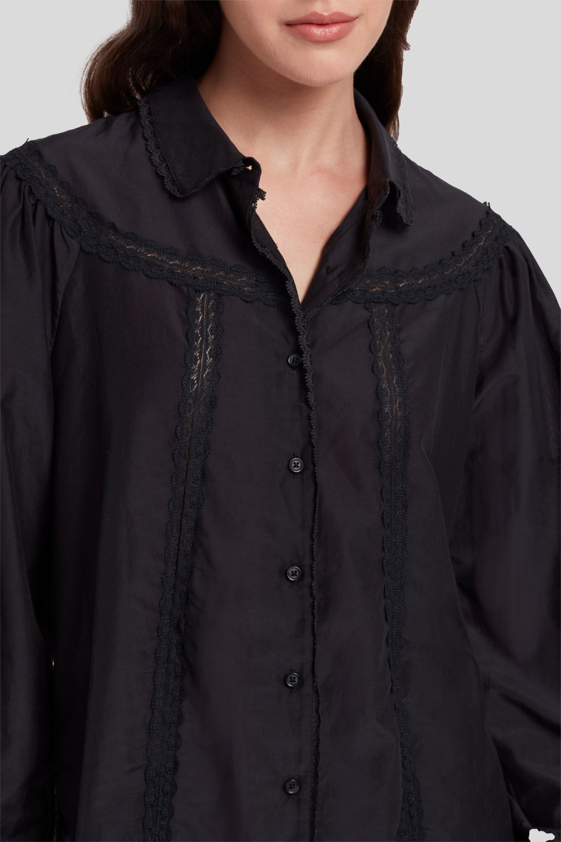 LACE TRIM BLOUSE COT SILK BLACK