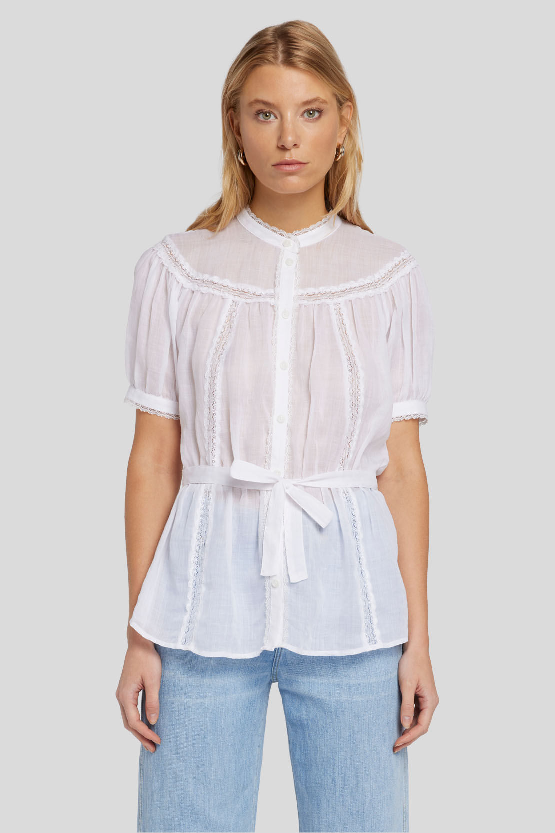LACE TRIM SS BLOUSE RAMIE WHITE