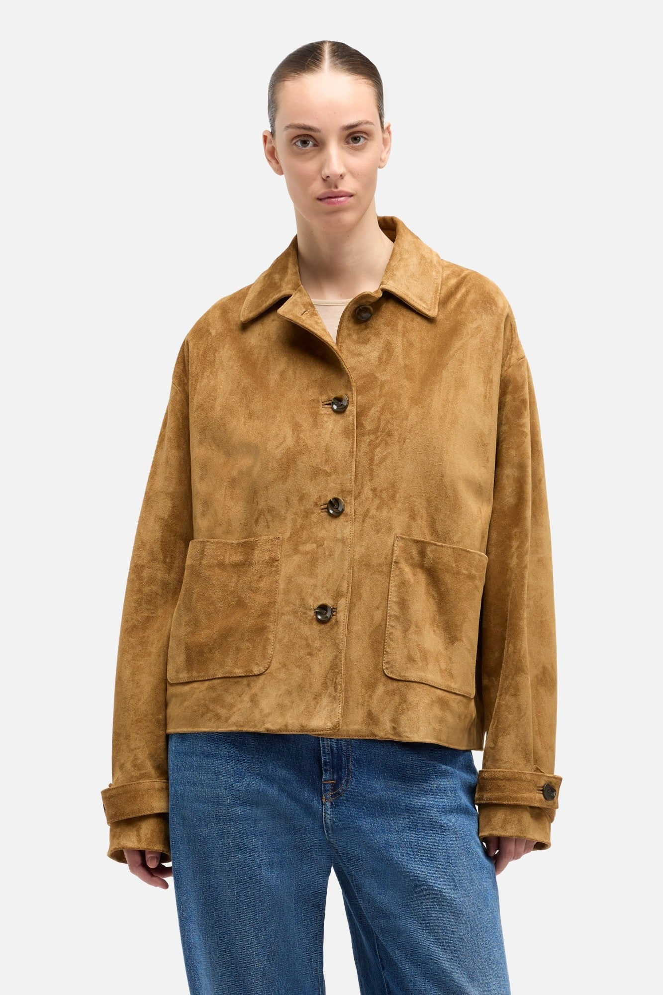 SUEDE CROPPED CHORE JACKET IN TOBACCO