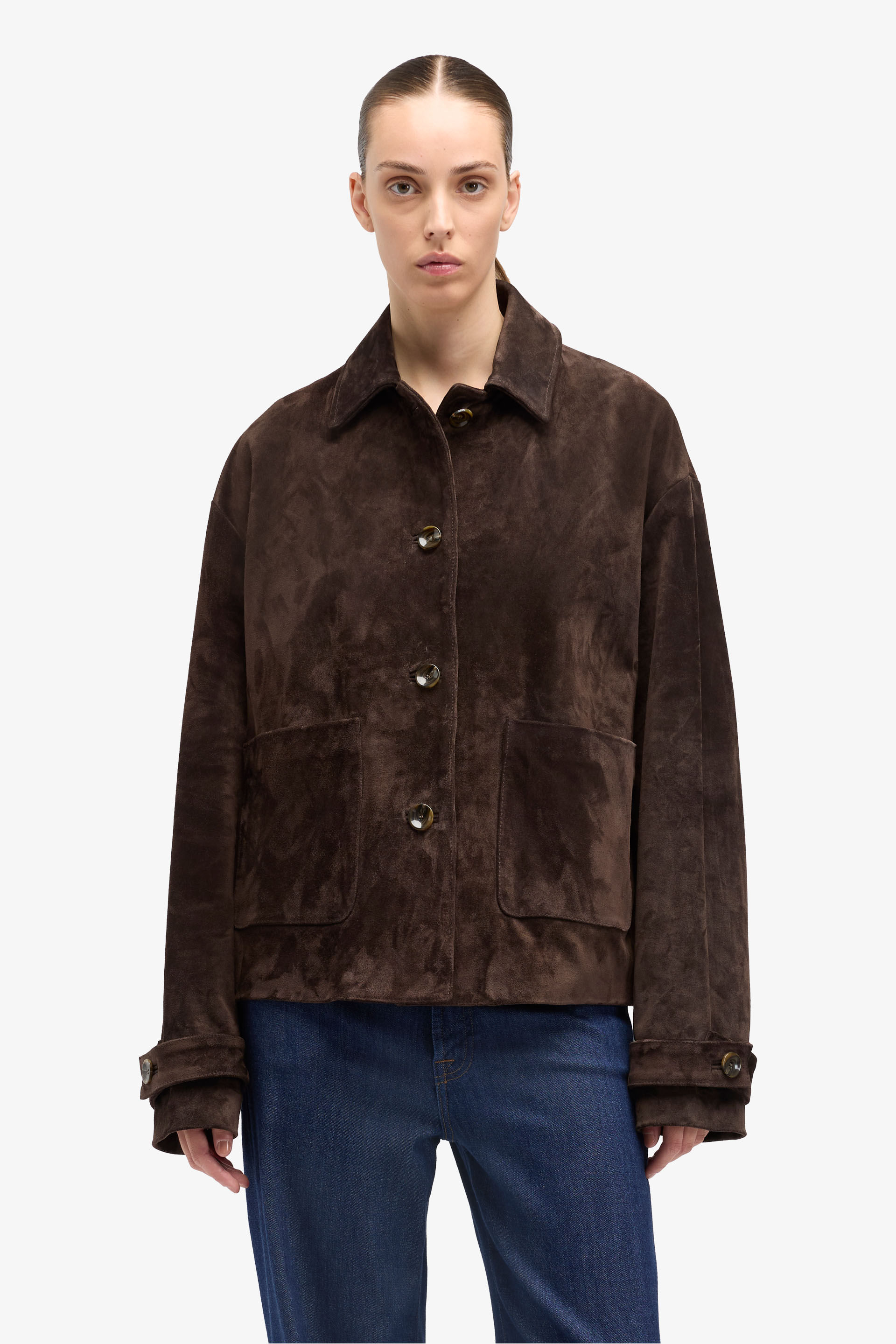 CROPPED CHORE JACKET in Suede COFFEE BEAN