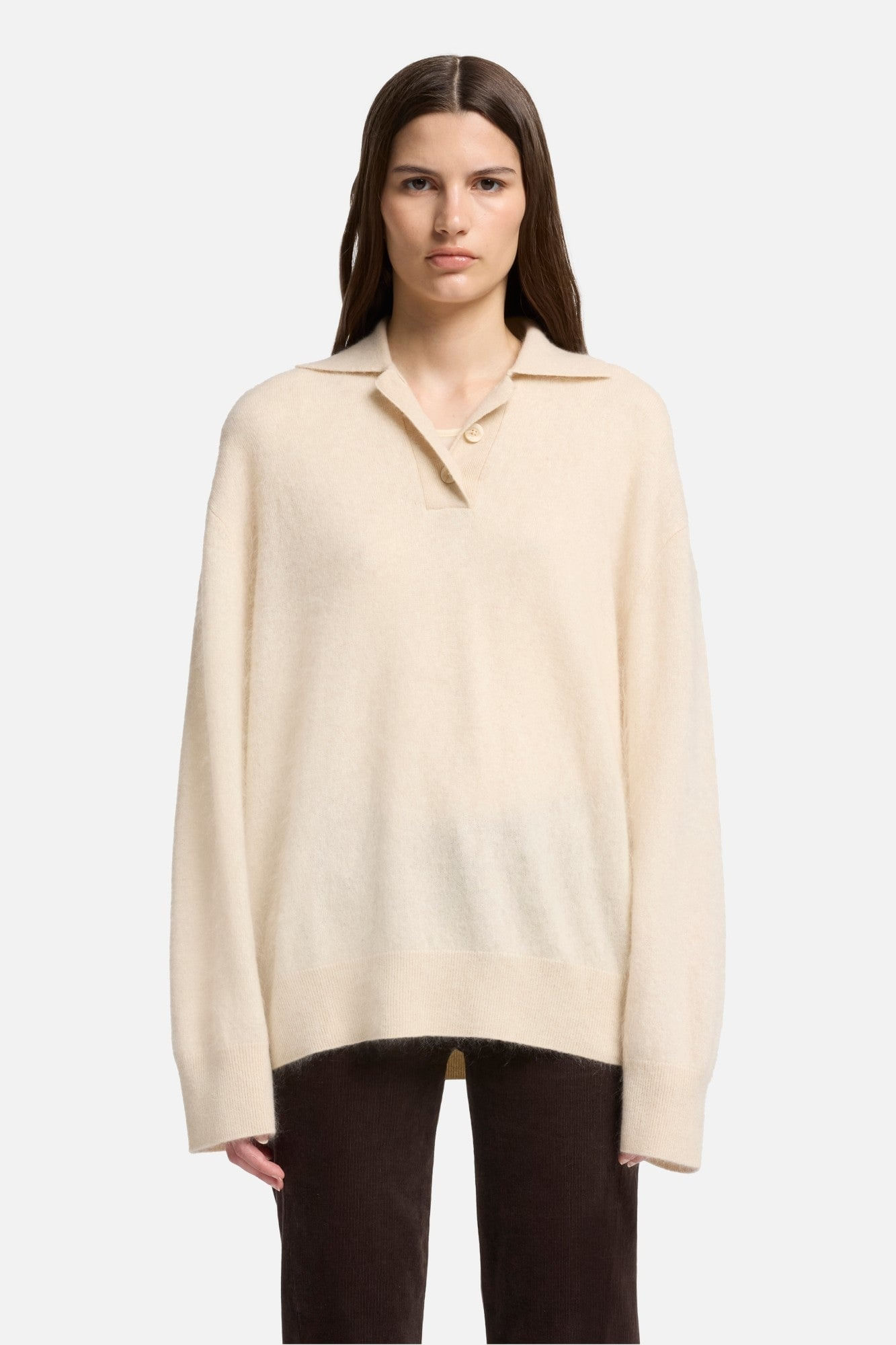 CASHMERE BLEND FUZZY POLO SWEATER IN ICE WHITE