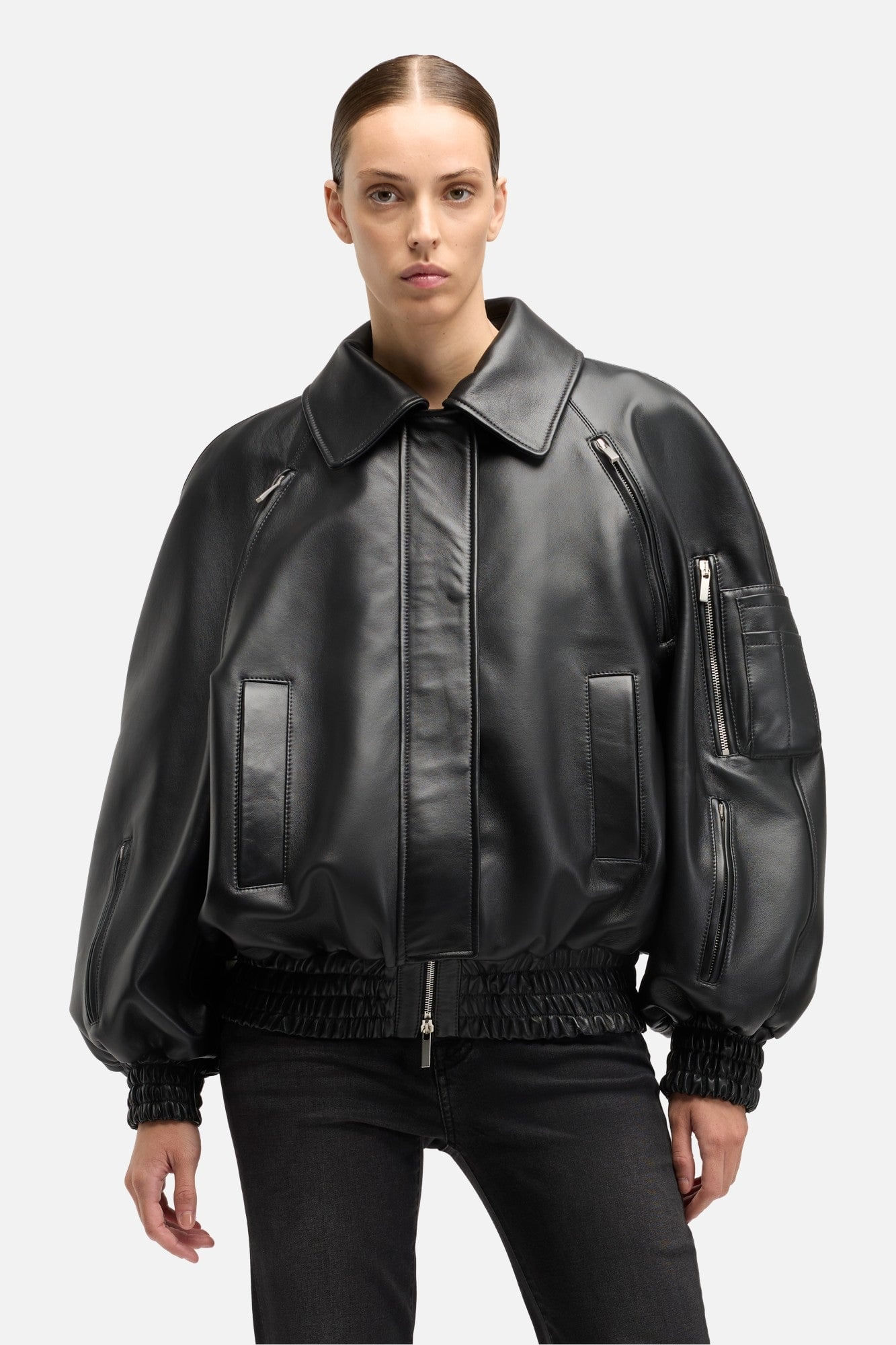 LEATHER BOMBER JACKET IN BLACK