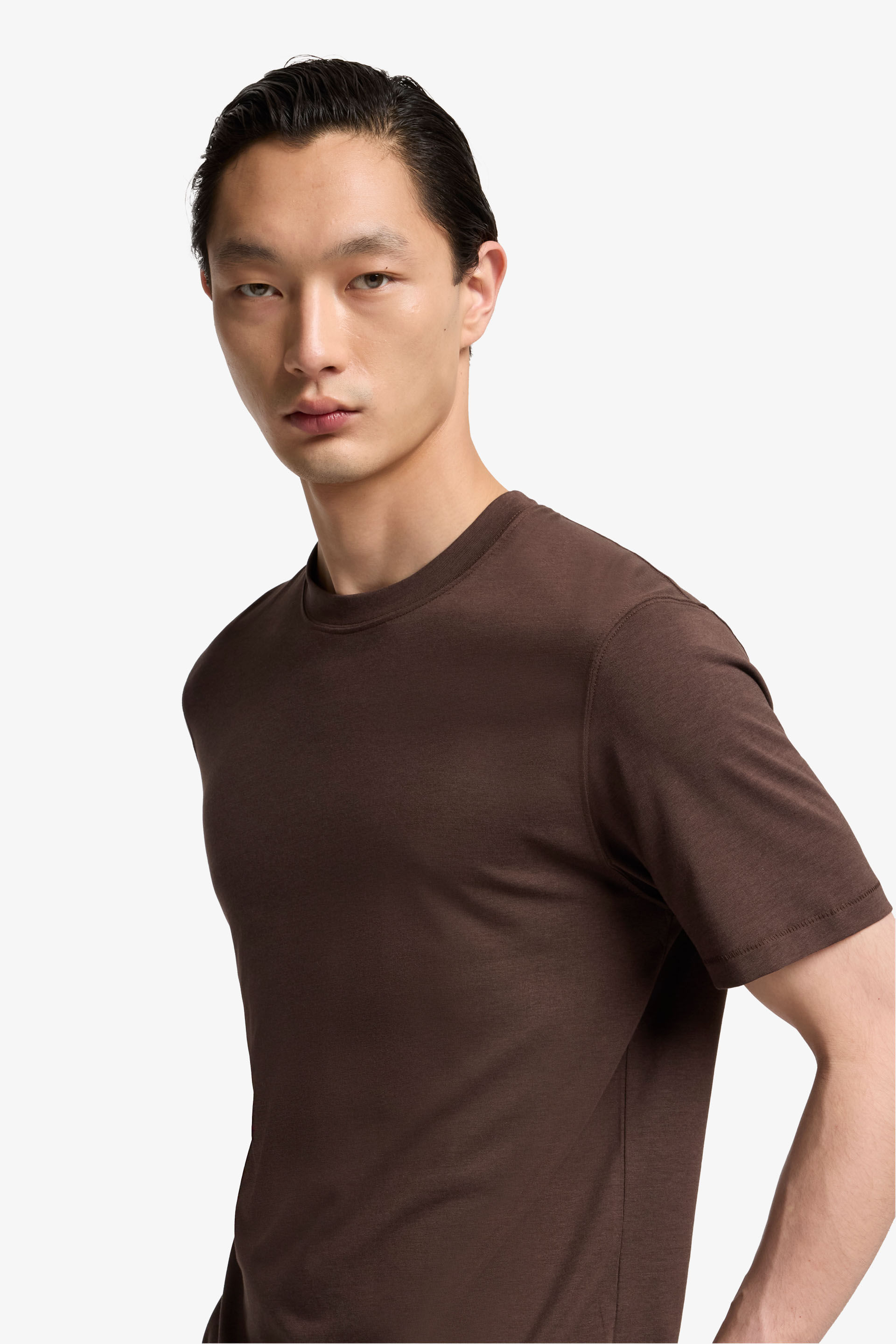 CREWNECK SHORT SLEEVE T-SHRT IN COTTON LYOCELL COFFEE BEAN