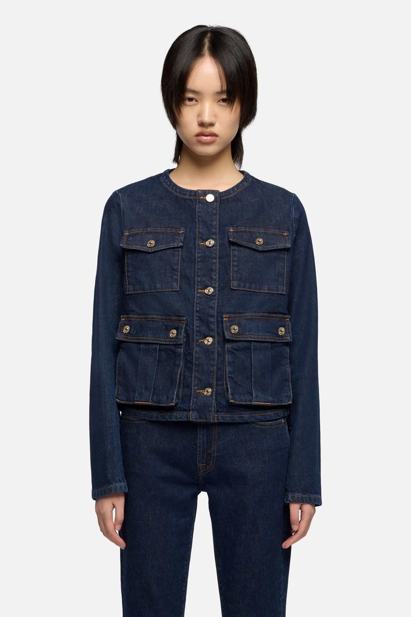 COLLARLESS JACKET RINSED INDIGO
