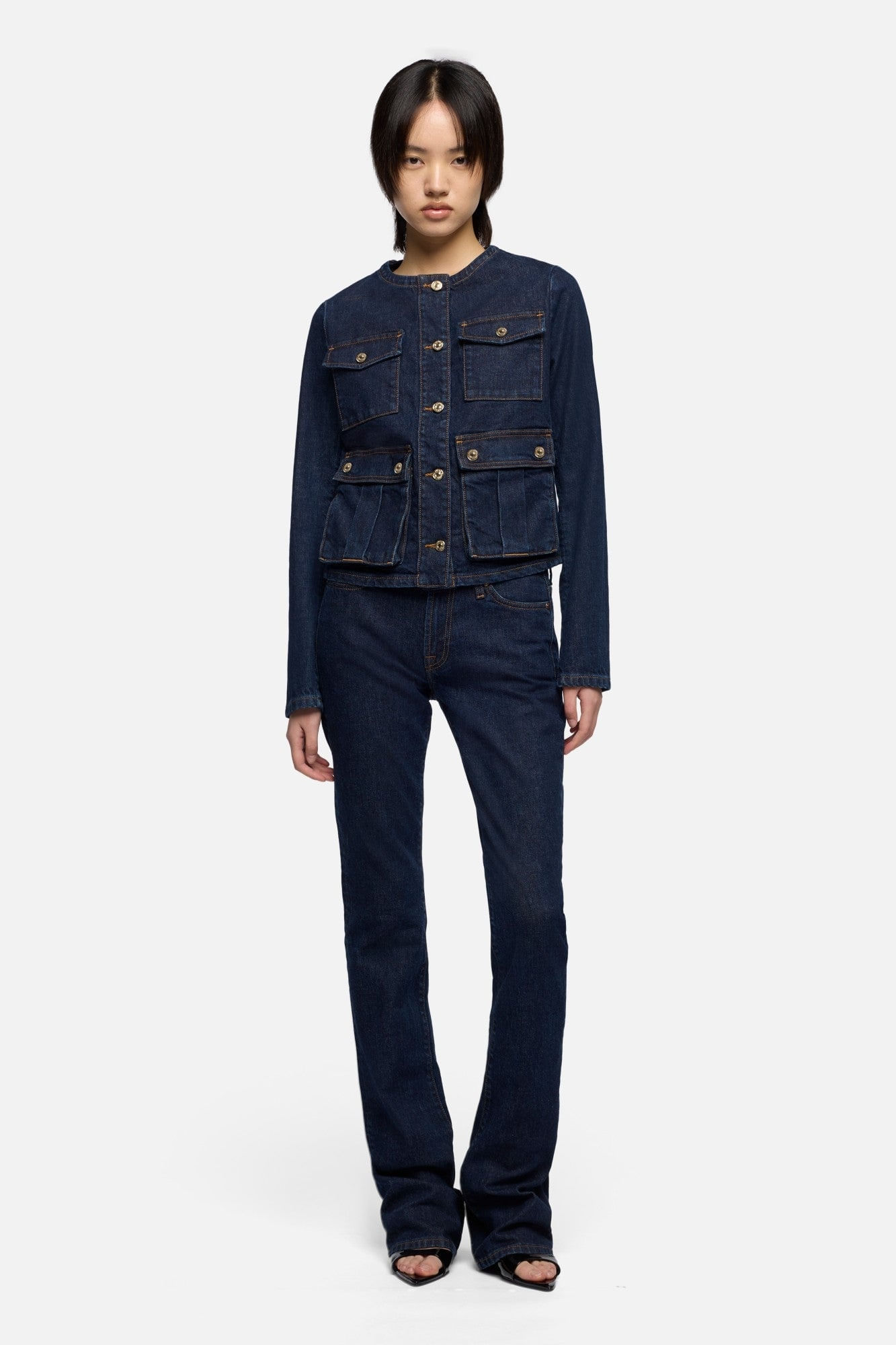 COLLARLESS JACKET RINSED INDIGO