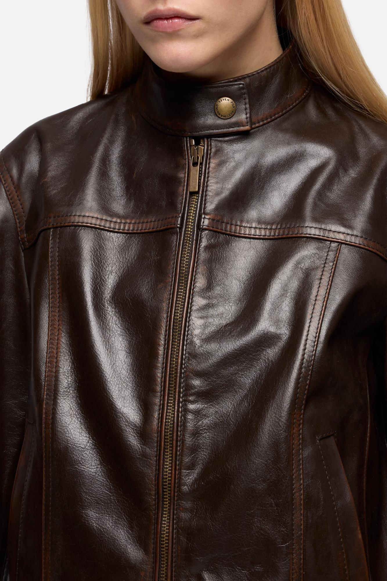 CROP BIKER JACKET REAL LEATHER VIN BROWN