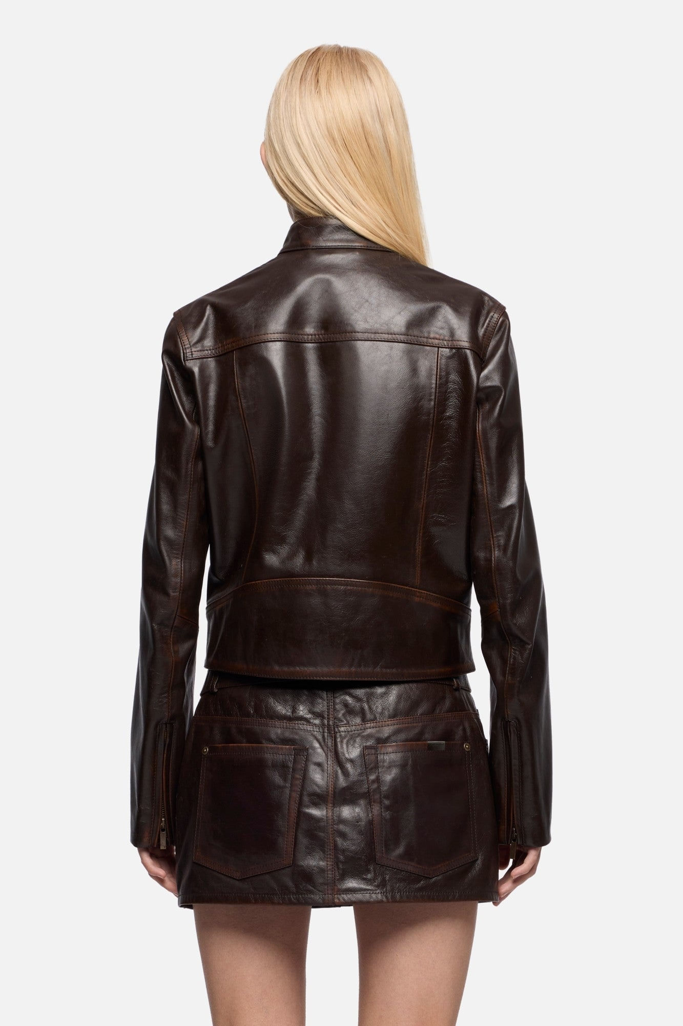 CROP BIKER JACKET REAL LEATHER VIN BROWN