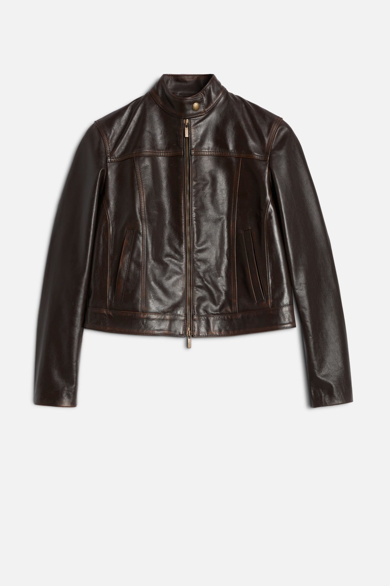 CROP BIKER JACKET REAL LEATHER VIN BROWN
