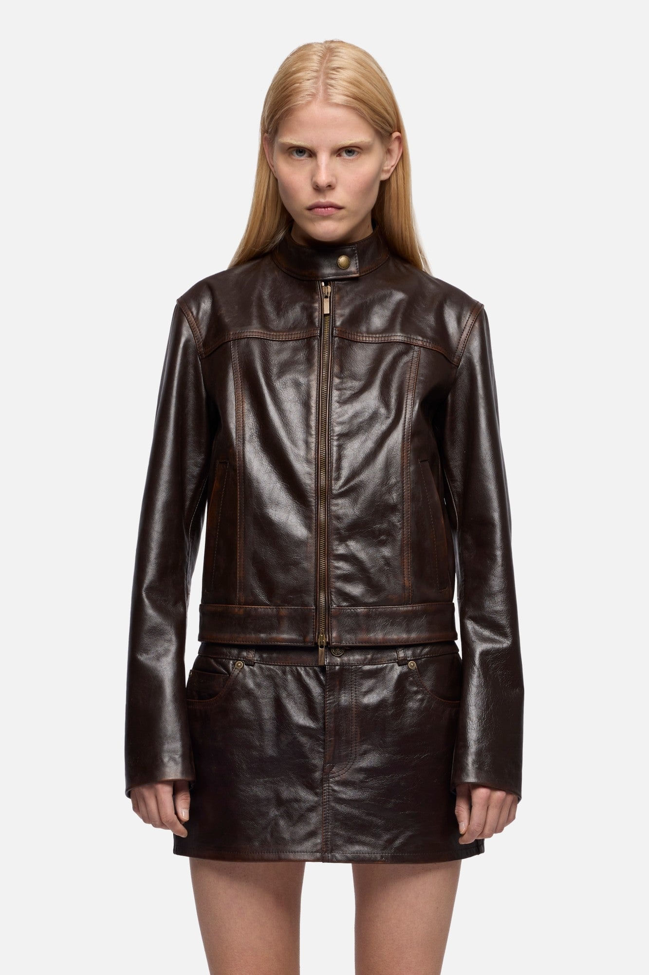 CROP BIKER JACKET REAL LEATHER VIN BROWN