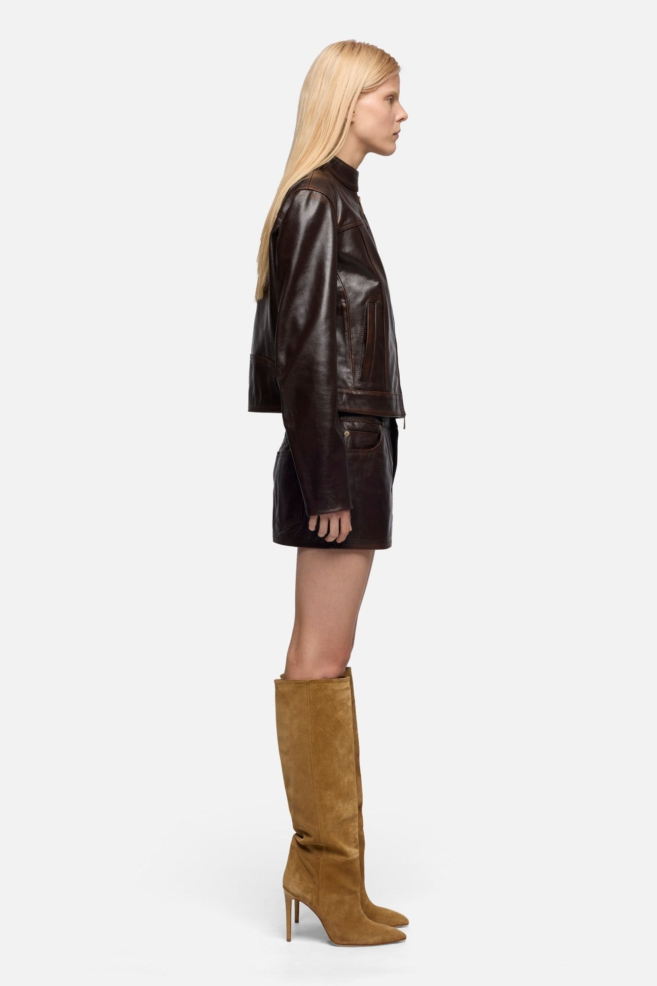 CROP BIKER JACKET REAL LEATHER VIN BROWN